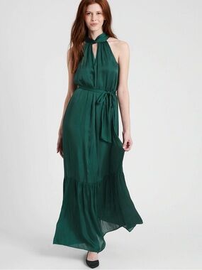 NWT Banana Republic Satin Twisted Maxi Dress Elegant RARE Emerald Loch Green 14